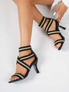 Giày sandal cao gót mũi nhọn thanh lịch dành cho nữ - Mũi hở, quai sau, thiết kế khóa kéo, sandal cao gót thời trang mùa hè. - màu đen - Xem 7