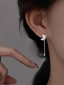 1 Pair S925 Sterling Silver Rhinestone Butterfly Tassel Earrings, Elegant Feminine Woodland Style Sweet Earrings, Versatile For Daily Wear, Lovely Butterfly Earring Gift - Multicolor - View 4