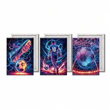 Set di 3 pezzi di arte da parete in tela con tema calcio al neon, stampe vibranti di fuoco e fulmini, decorazione sportiva moderna per sala giochi, camera da letto e stanza degli uomini, con cornice opzionale - Multicolore - Visualizzare 17