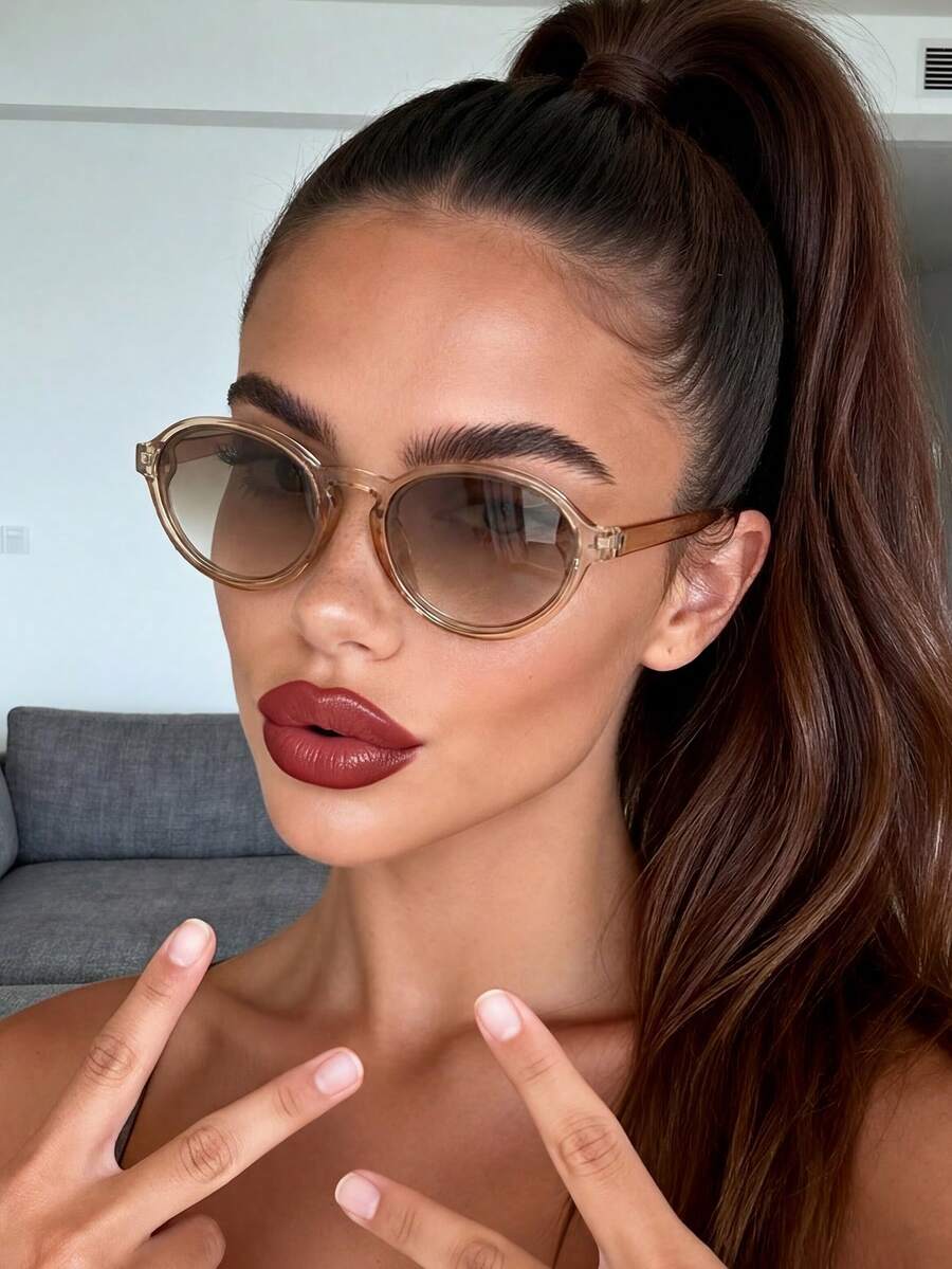 1 Pair Oval Shaped Fashion Glasses, Beach Accessory, Basic Style, Suitable For Women, Business Casual Gift, Autumn/Winter - Champagne Tea - View 1