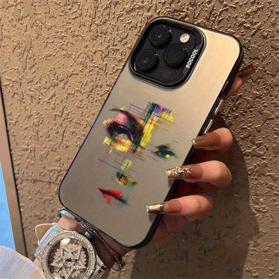 Abstract Face Design Phone Case It Is Compatible With IPhone 17/16/15/14/13/12/55 Pro Max/Pro/Plus Models. It Features A Stylish And Minimalist Design And Provides Shockproof And Abrasion-Resistant Protection. - Black - View 1