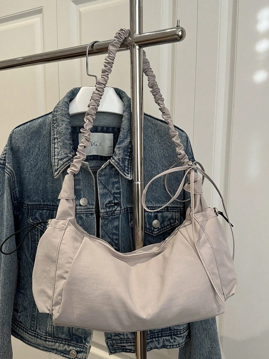 1个尼龙面料多口袋饺子袋，女士休闲褶皱抽绳斜挎单肩包，柔软慵懒的波西米亚风百搭单肩包 - 灰色 - 查看 1