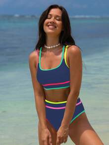 popvil Colorblock Sports Bra & Bikini Set, Summer Vacation - Navy Blue - View 1