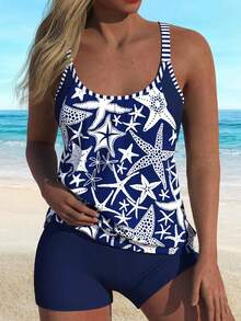 Navy Blue Starfish Print Striped Strap Tankini Set - Nhiều màu - Xem 1