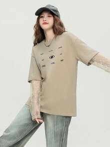 JUTU 春夏卡其色圆领中长款蕾丝拼接袖优雅迷人女士上衣，2026新款字母印花长袖T恤，新年装扮 - 2A11卡其色-1144黑 - 查看 6