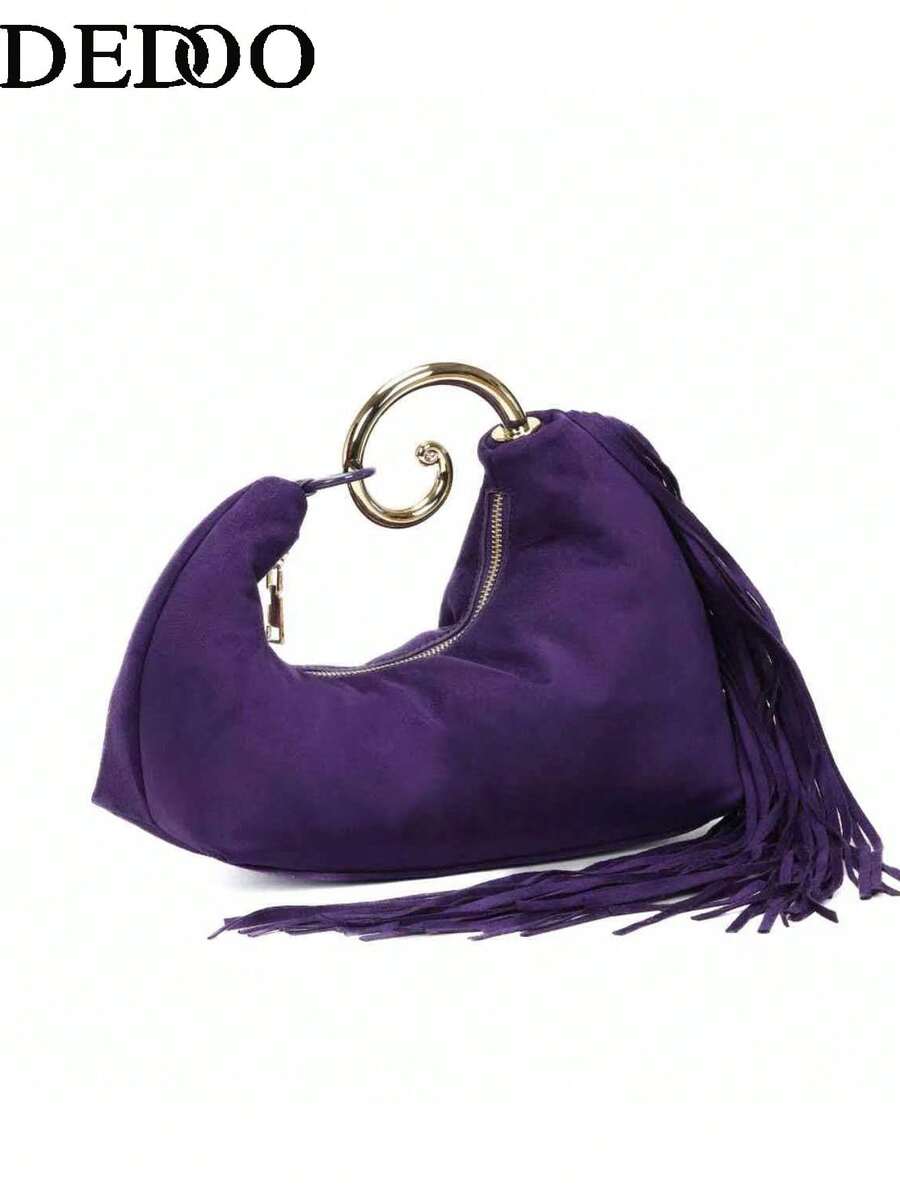 Dedoo Túi xách tua rua thời trang cao cấp phong cách vintage mới Thu/Đông 2025 - Màu tím - Xem 1