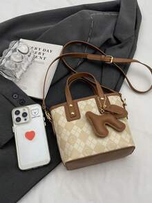 Faux Leather Solid Color Mini Bucket Bag, Versatile Casual Handbag & Shoulder Bag - Khaki - View 4