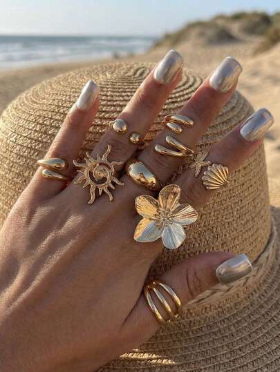Set de 8 piezas de anillos bohemios chapados en oro, con diseños de girasol, concha y estrella de mar. Anillos apilables exagerados y personalizados, accesorios para los dedos con estética Y2K, adecuados como regalos de vacaciones o cumpleaños para novias.