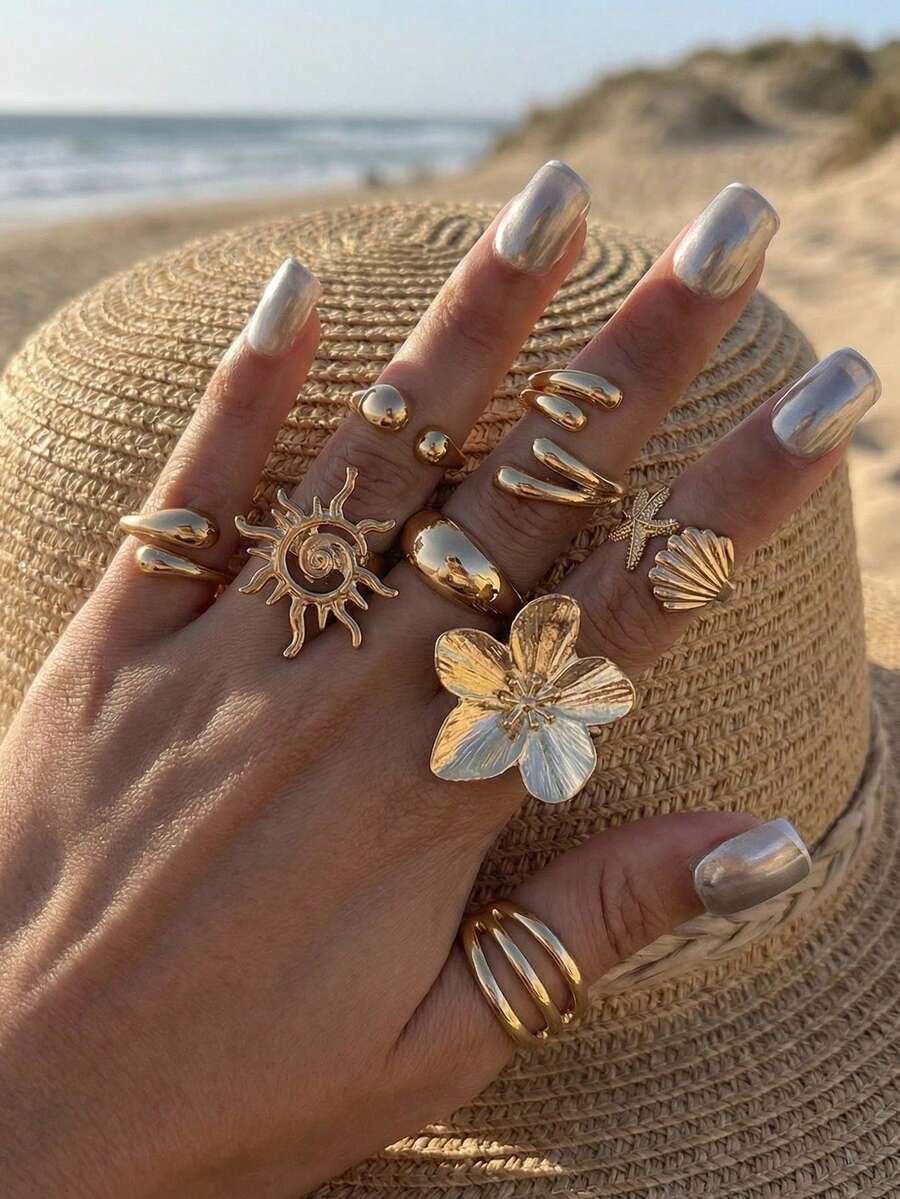 Juego de 8 anillos bohemios con girasol, concha y estrella de mar, regalo de vacaciones Y2K para adultos - Dorado - Ver 1