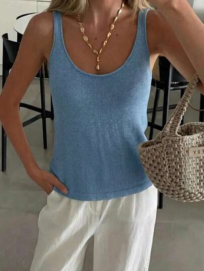 Women's Summer Blue Vacation Beach Camisole, Low Neckline