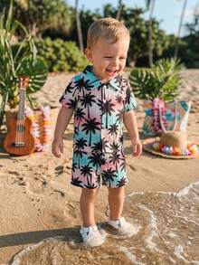 Toddler Baby Boy Hawaiian Outfits Summer Beach Coconut Tree/Palm Leaf Button Down Shirt And Shorts Vacation Clothes - 藍色 - 查看 3