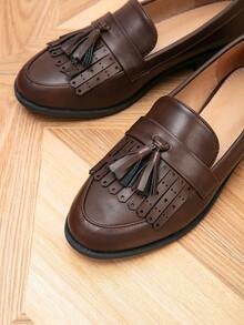 女士乐福鞋，圆头平底流苏乐福鞋，户外复古一脚蹬鞋，女鞋，休闲鞋 - 銅色 - 查看 7