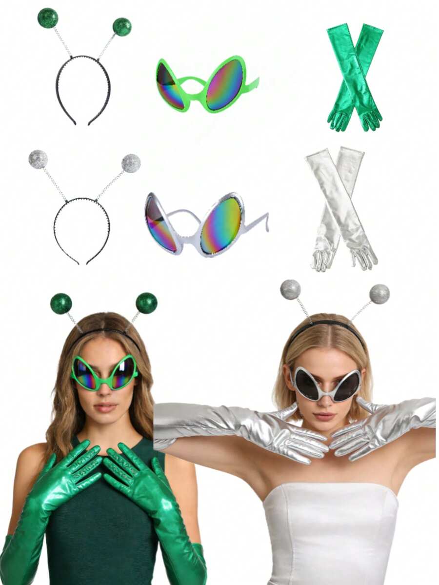 3pcs Alien Costume Set - Includes Gloves + Glasses + Headband, Suitable For Parties, Music Festivals, Costume Parties, Role-Playing And Holiday Celebrations - Multicolor - View 1