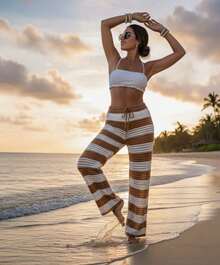 Beach Cover-Up Pants, Drawstring, Striped, Crochet, Blogger Style, Luxury Knitwear, Elegant, Women's Fashion, Summer, Casual, Beach Vacation - 藏蓝色 - 查看 8