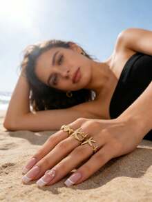 3件套夏季海滩度假海洋系列海星/贝壳元素女士魅力戒指套装，独特设计开口戒指，适合女性佩戴 - 金色 - 查看 1