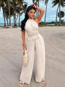 AIJ Amarilo Women's Elegant Casual Spaghetti Strap Pleated Camisole Top And Wide Leg Pants 2-Piece Set, Non-Stretch Fabric Summer - Apricot - View 4