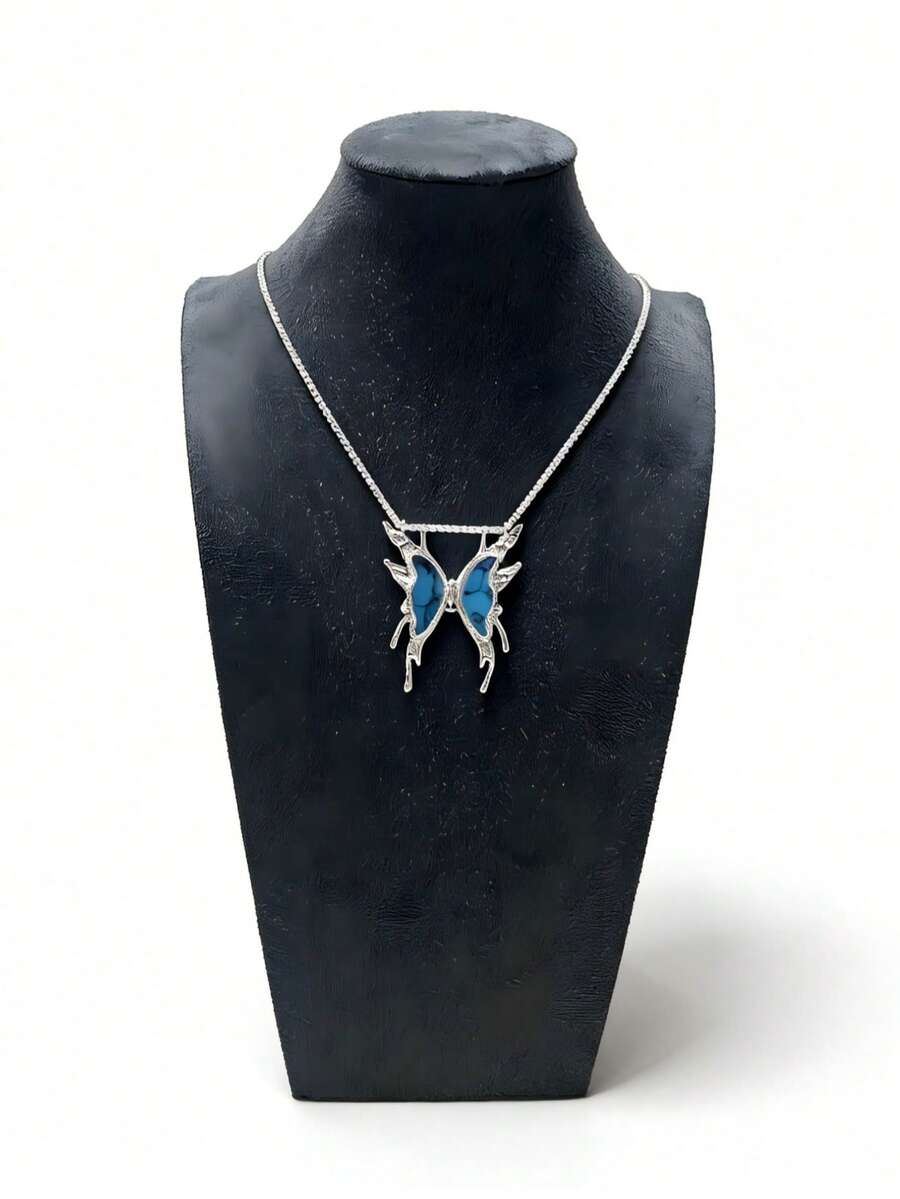 1 pieza Collar con colgante con forma de mariposa de mármol y patrón de turquesa, colgante de tono plateado, collar de mujer elegante y lujoso - Turquesa - Ver 1