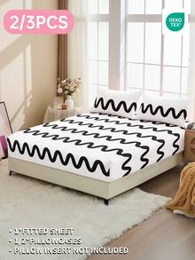 2/3-teiliges Spannbetttuch Set, Bettwäsche, Matratzenschoner, Bettdecke, Bettlaken, Heimdekoration, bequemes Heimtextil, atmungsaktiver Anti-Pilling Matratzenschoner, weich & hautfreundlich, bequeme Schlafzimmer Bettwäsche, modischer Matratzenbezug, Matratzenschoner Vollgröße, weiße Basis mit schwarzem wellenförmigem Muster - Verschiedenfarbig - Übersicht 10