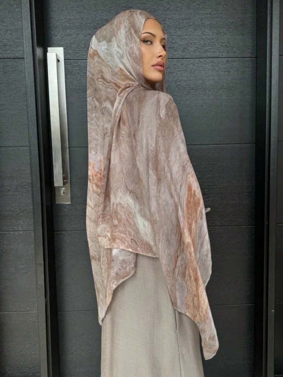 1件装女士大理石纹水彩印花围巾/头巾，波西米亚风格，适合搭配长袍日常穿着