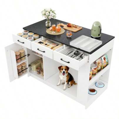 Kitchen Island, 3-Drawer Unit, 1 Spice Rack, Adjustable Shelf, Double Shelf (Without Dog Bowl), Large Pet Storage Space (Without Dog Bed), 120 X 60 X 90 Cm, White