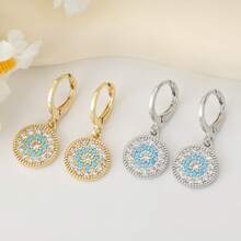 1 Pair Round Pendant Turquoise & Clear Zirconia Huggie Drop Earrings, Gold-Tone Sparkling Bohemian Jewelry - Round Earrings - View 2