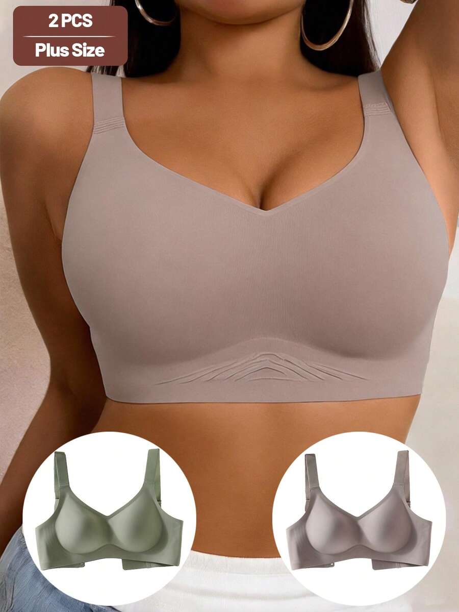 2pcs/Set Solid Color Comfortable Minimalist Plus Size Bras For Women