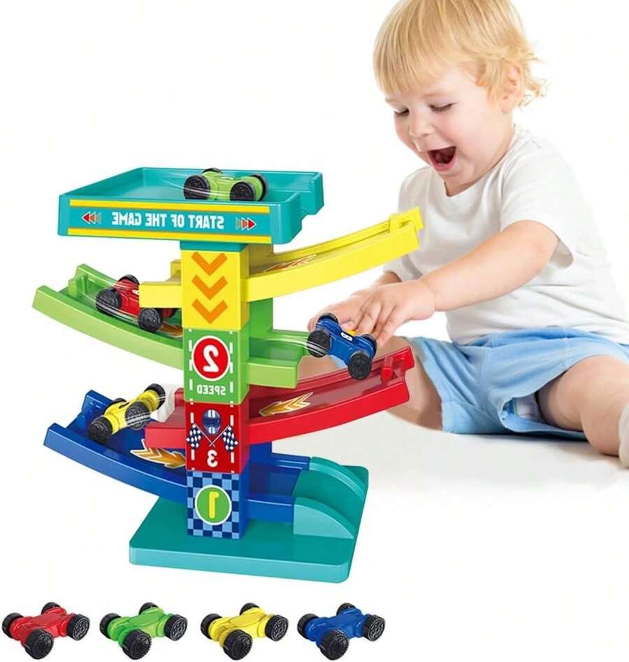 LHChan Pistas de Carros Rampas para Niños, Pista de Carreras con 4 Mini Coches, Juguetes Educativo para Niños de 3 4 5 6 7 Años, Regalo de Navidad Cumpleaños para Niño y Niña - Multicolor - Ver 1