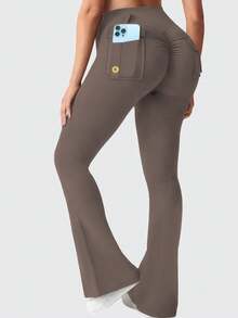 Women's Outdoor Flared Pants With Pockets, Women's Tight Fit Sports Leggings Butt Lifting Yoga Pants - Cà phê nâu - Xem 7