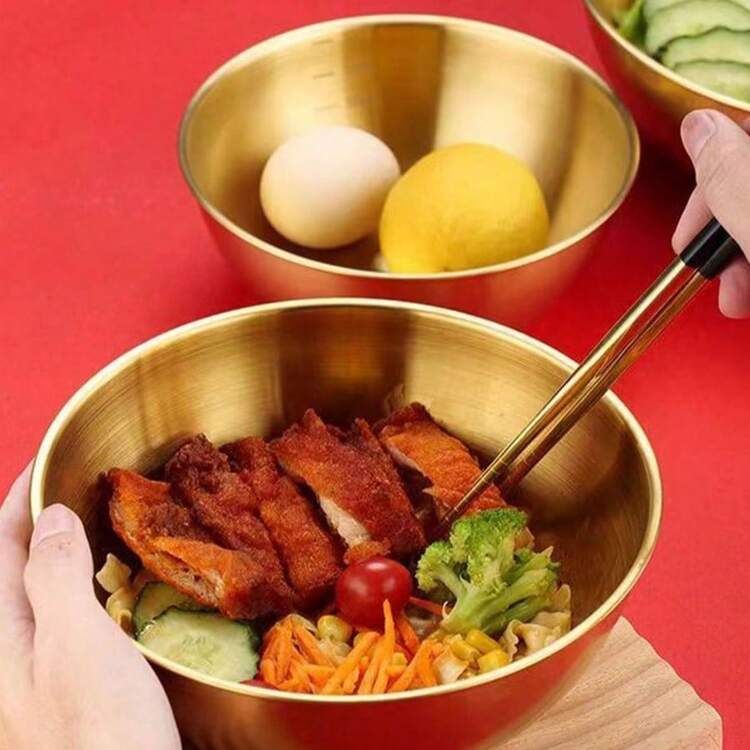 3个不锈钢搅拌碗，适用于揉面、拌沙拉、烹饪，厨房用具 - 金色 - 查看 3
