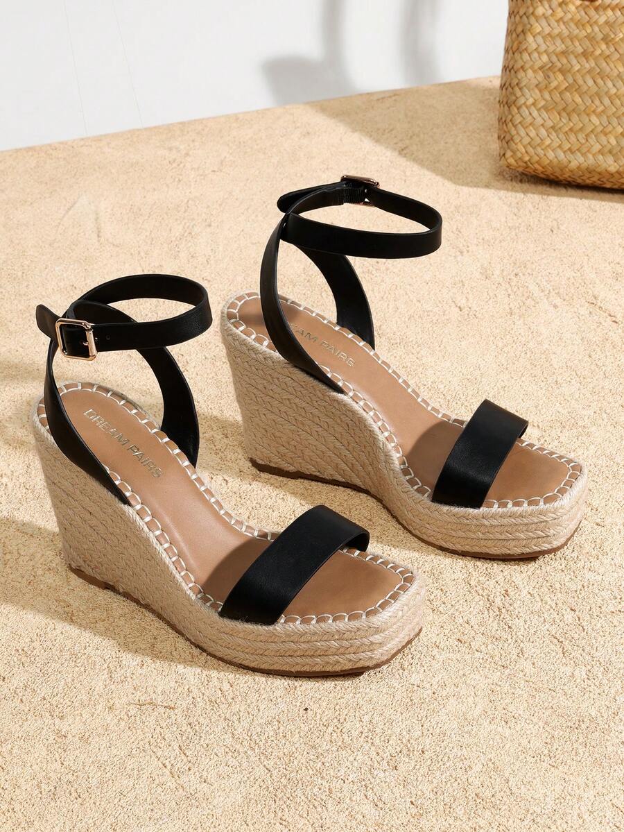 Women's Espadrille Wooden Heeled Wedge 4.17-Inch Platform Sandals Open Toe Adjustable Buckle Ankle Strap Comfortable Fashion Dressy Summer Shoes - 黑色 - 查看 1