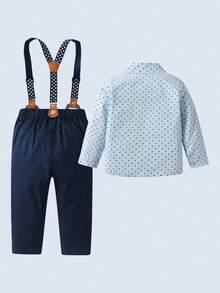 BOARNSEORL 3 件套男婴绅士服装套装 - 长袖圆点蝴蝶结衬衫、吊带背带裤和帽子，时尚正装，适合 100 天庆祝活动、生日派对、婚礼、戒指持有者 - 藍色 - 查看 3