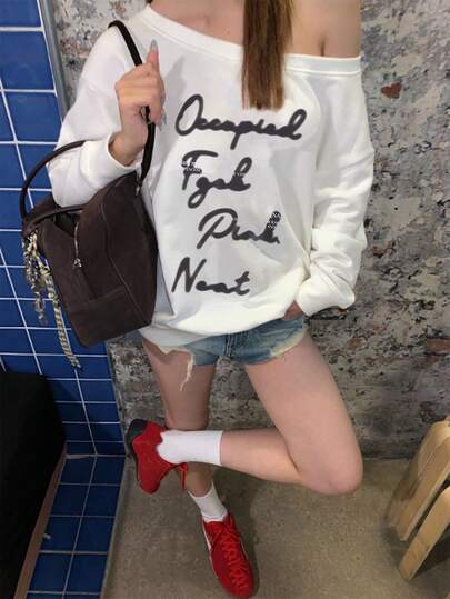 Oversized Casual Loose Fit Slanted Shoulder Letter Print Sweatshirt Top, Versatile & Slimming