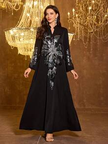 SUPGIR 女士【随机印花】立领长袖手工串珠缎面正式连衣裙 - 黑色 - 查看 1