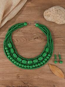 1 Bộ vòng cổ hạt gỗ nhiều lớp thủ công, kiểu dáng boho, thích hợp cho nữ, đi biển, dự tiệc, các dịp trang trọng kiểu Trung Đông, trang sức cổ điển thời trang (vòng cổ và bông tai). - màu xanh lá - Xem 5