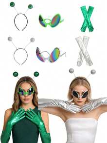 3pcs Alien Costume Set - Includes Gloves + Glasses + Headband, Suitable For Parties, Music Festivals, Costume Parties, Role-Playing And Holiday Celebrations - Multicolor - View 2