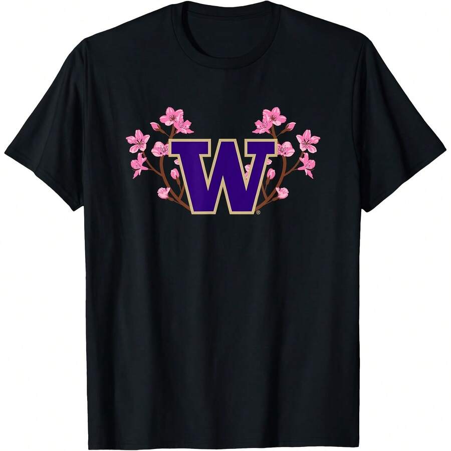 Washington Huskies Ry Blossoms T-Shirt All All Seasons,220g Pure Cotton Single-Sided Printed Crew Neck Short-Sleeved T-Shirt,Unisex Top,Base Layer - Màu 1 - Xem 1