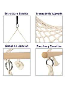 Hamaca Colgante de Algodón con Soporte de Madera, Capacidad 150 kg, Ideal para Interior y Exterior (Incluye Accesorios de Fijación). Bluelander - Beis - Ver 3