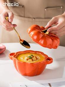 1 st pumpaformad keramisk skål med lock - Lämplig för soppa, gryta, sallad, dessert, kök och matsal - Pumpasoppa i skål - Visa 5