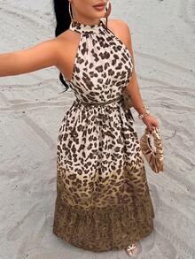 AIJ Vestido de mujer Amarilo con estampado de leopardo degradado, sin mangas, corte evasé, adecuado para fiestas, eventos, citas y vacaciones de verano, elegante - Marrón - Ver 5