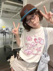 1件女士休闲宽松T恤，2026春夏新款，涂鸦印花，可爱乡村图案，甜美少女风，百搭圆领上衣 - 白色 - 查看 1