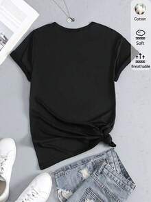 Women's Short Sleeve Crew Neck T-Shirt, Cursive Letter Print T-Shirt For Bridesmaids, Casual T-Shirts For Weddings, Bachelorette Parties And Everyday Wear. - 黑色 - 查看 3