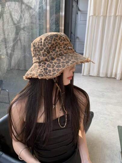 1 pieza Sombrero de cubo con estampado de leopardo para mujer, sombrero de cubo de ala ancha de estilo vintage para protección solar de verano, adecuado para uso diario y uso al aire libre, de moda