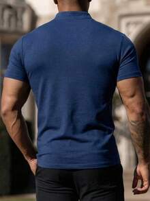 男士休闲纯色亨利领短袖T恤，夏季 - 藏蓝色 - 查看 2