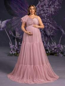 Faeriesty Elegant Maternity Plus Size Soft Pink Asymmetric Neckline Maxi Party Gown For Women | Sheer Mesh & Tulle Fabric With Multi-Layer Flounce , Chest Ruched Detailing For Feminine Dimension, Perfect For Spring Weddings, Mother's Day Celebrations - Mauve Purple - View 2