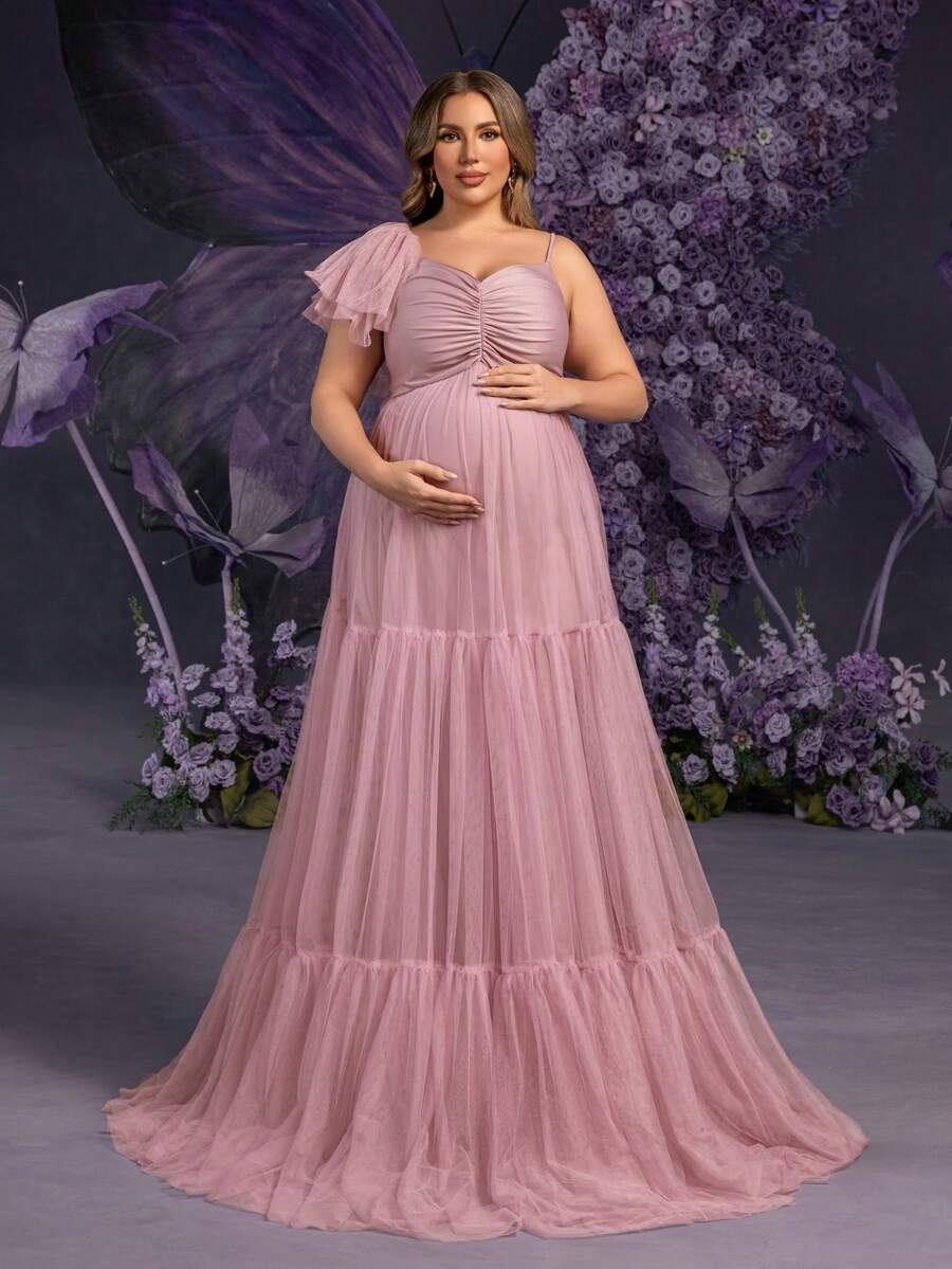 Faeriesty Elegant Maternity Plus Size Soft Pink Asymmetric Neckline Maxi Party Gown For Women | Sheer Mesh & Tulle Fabric With Multi-Layer Flounce , Chest Ruched Detailing For Feminine Dimension, Perfect For Spring Weddings, Mother's Day Celebrations