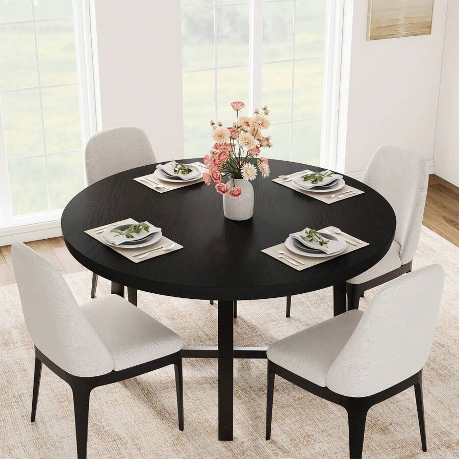 Industrial 47'' Round Dining Table For 4-6 – Space-Saving Wooden Kitchen Table – Sturdy Metal Frame – Perfect For Dining Room Or Kitchen – No Chairs Included - Black - View 1