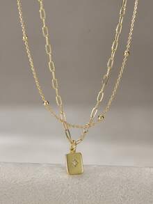 Set de 2 collares con colgante geométrico rectangular dorado con microincrustraciones de circonita y estallido de estrella, con cadena de cuentas y cadena de clip de papel para mujeres (cantidad aleatoria de cierres de cadena) (cantidad aleatoria de cuentas) - Amarillo Oro - Ver 1