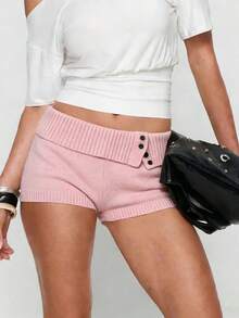 Women's Knit Shorts Casual Slim Fit Stylish Decorative Button Ribbed Trim Foldover Mid Rise Shorts - Pink - View 3