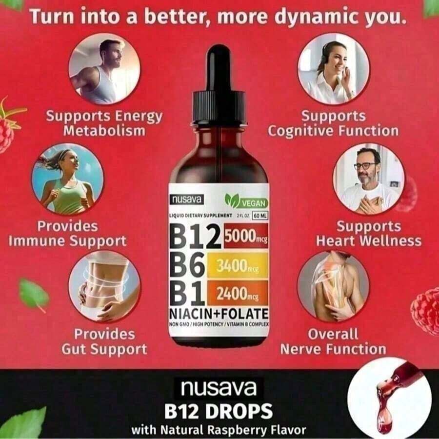 Bestseller!Vitamin B12 Raspberry Liquid Supplement Drops With B6, B1, Niacin & Folate - Edible Support For Energy, Brain & Heart, Non-GMO & Gluten-Free, 4 Fl Oz.Supplement Vitamin,Free Shipping. - 1 Piece - View 1