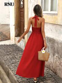 RNU 女士红色纯色度假休闲连衣裙，荷叶边前系带，可爱优雅的细肩带，不对称露背设计，松紧腰身，A字裙摆，夏季新品，优雅时尚，适合派对、泳池派对、约会、度假、旅行、休闲、生日、婚礼宾客等场合。 - 紅色 - 查看 7